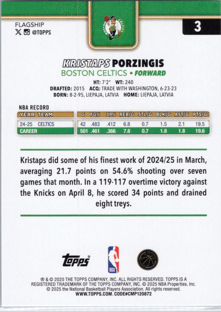 2025-26 Topps #3 Kristaps Porzingis Boston Celtics
