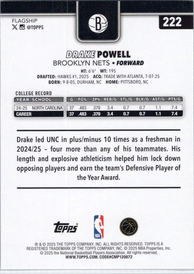 2025-26 Topps #222 Drake Powell Brooklyn Nets