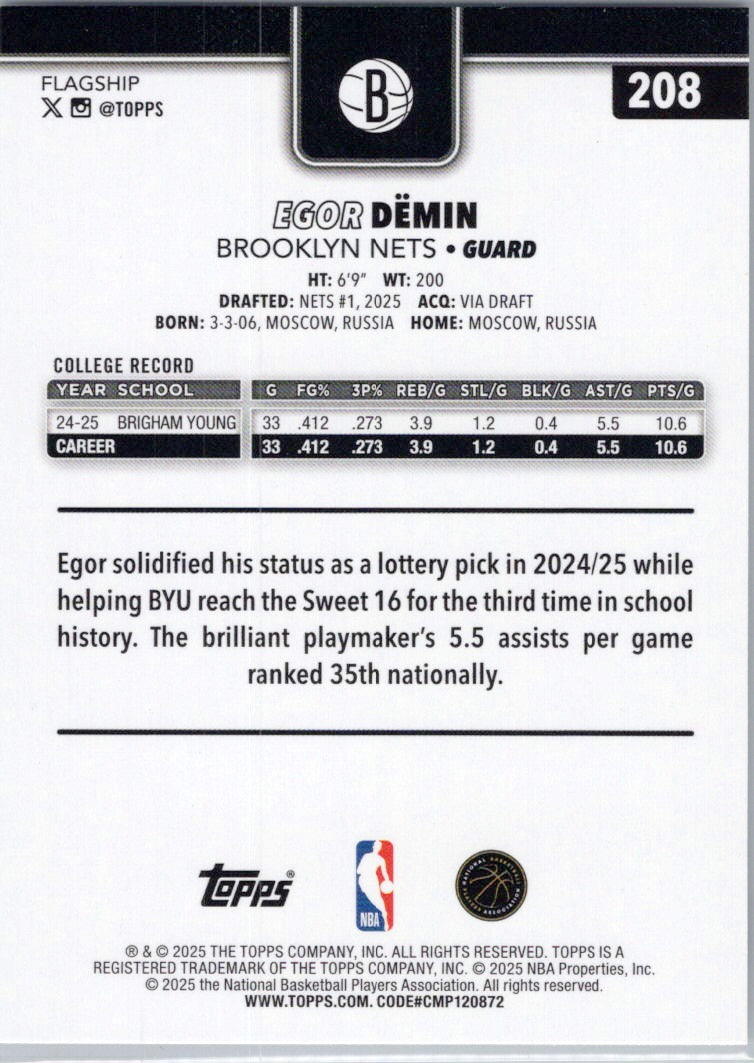 2025-26 Topps #208 Egor Dëmin Brooklyn Nets