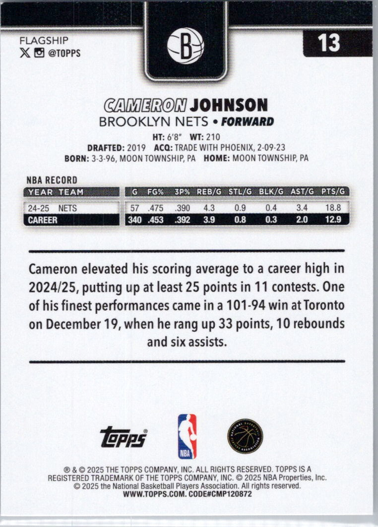 2025-26 Topps #13 Cameron Johnson Brooklyn Nets