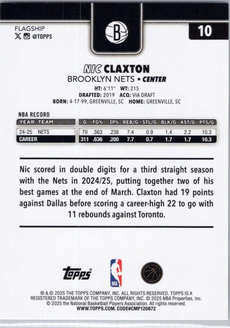 2025-26 Topps #10 Nic Claxton Brooklyn Nets