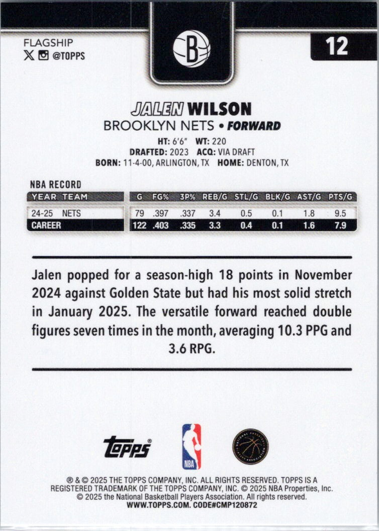 2025-26 Topps #12 Jalen Wilson Brooklyn Nets