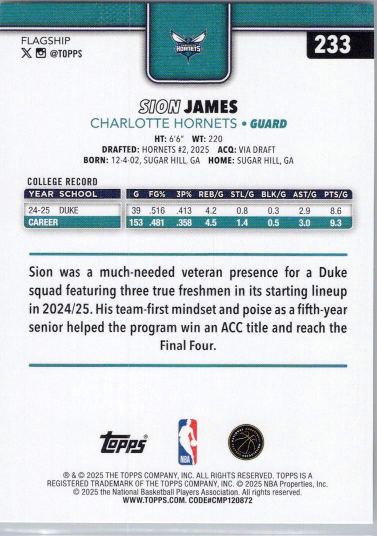 2025-26 Topps #233 Sion James Charlotte Hornets