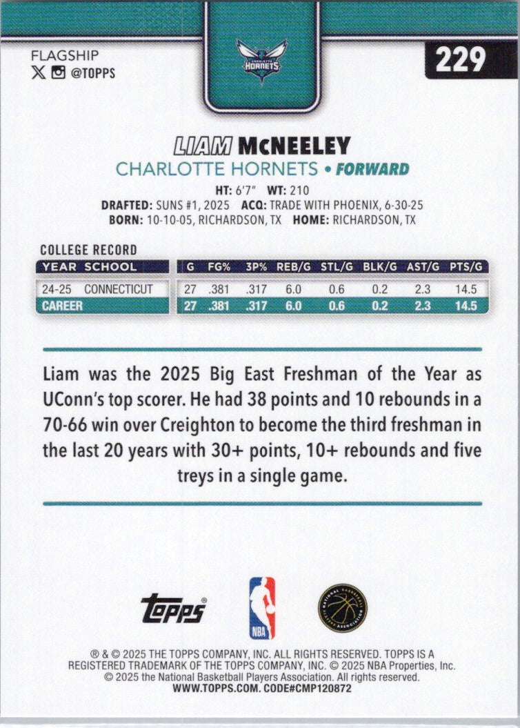 2025-26 Topps #229 Liam McNeeley Charlotte Hornets