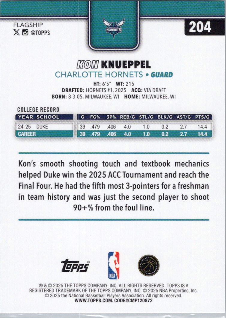 2025-26 Topps #204 Kon Knueppel Charlotte Hornets