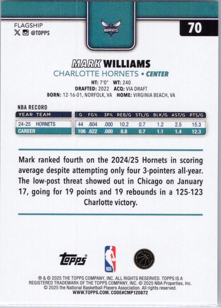 2025-26 Topps #70 Mark Williams Charlotte Hornets
