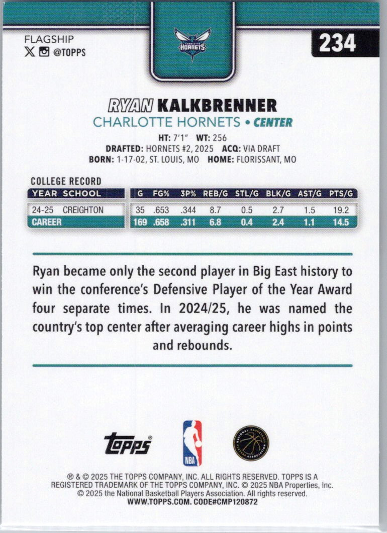 2025-26 Topps #234 Ryan Kalkbrenner Charlotte Hornets