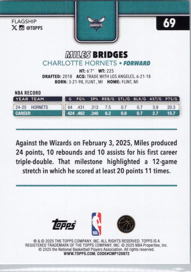 2025-26 Topps #69 Miles Bridges Charlotte Hornets