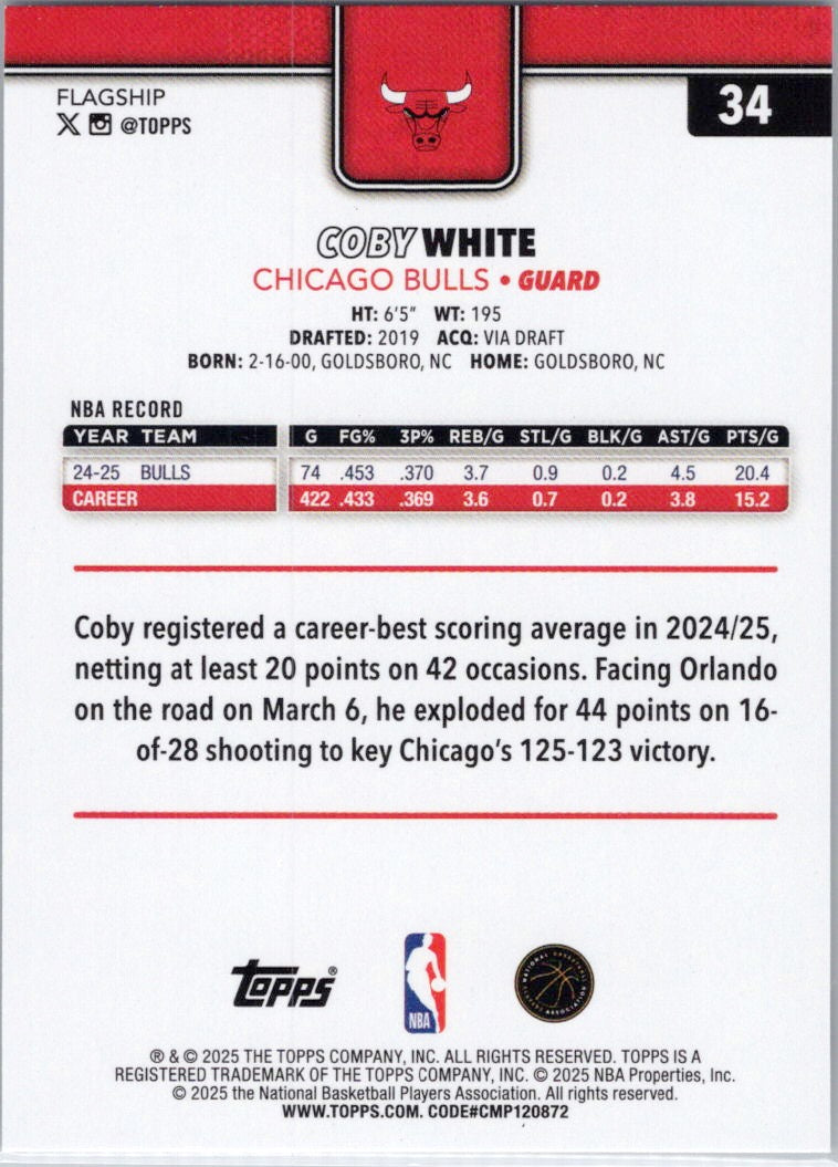 2025-26 Topps #34 Coby White Chicago Bulls