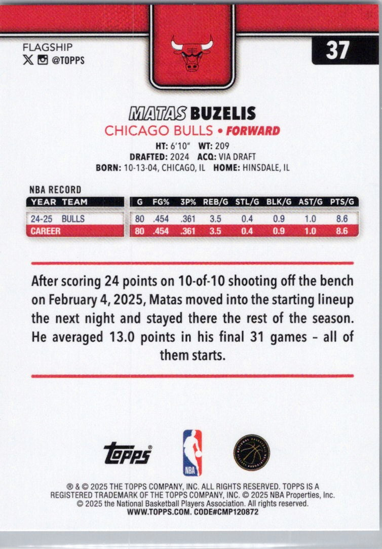 2025-26 Topps #37 Matas Buzelis Chicago Bulls
