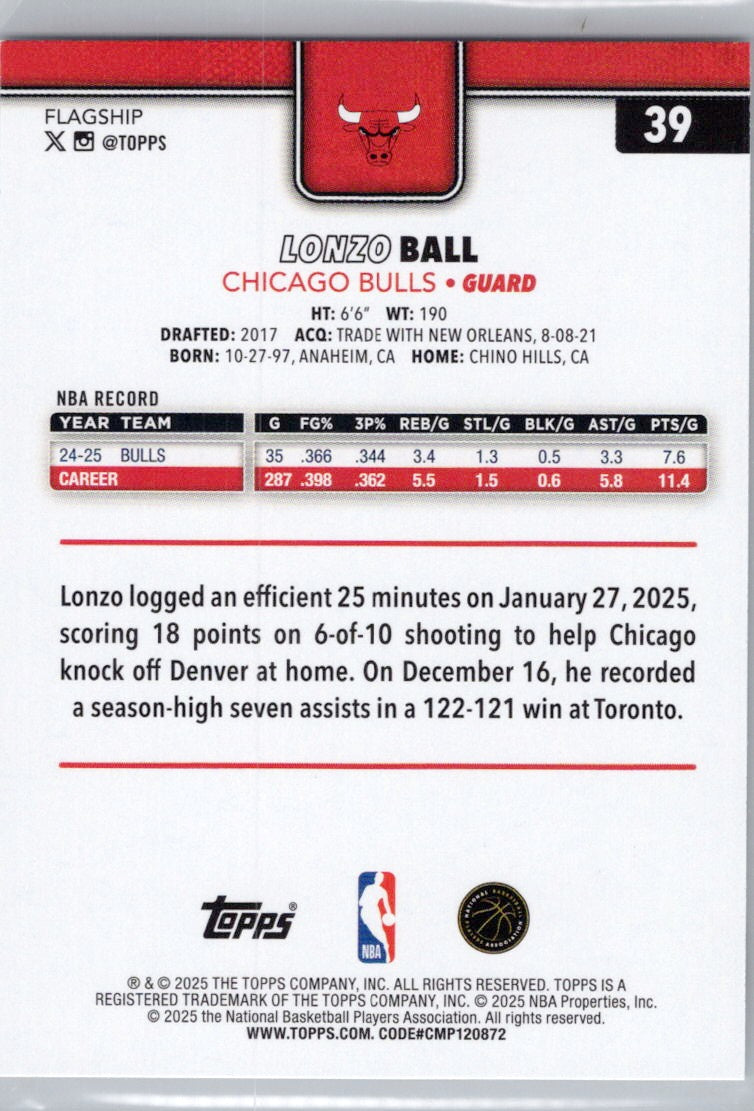 2025-26 Topps #39 Lonzo Ball Chicago Bulls