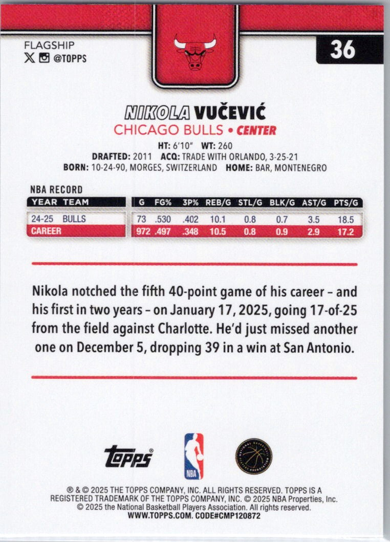 2025-26 Topps #36 Nikola Vučević Chicago Bulls