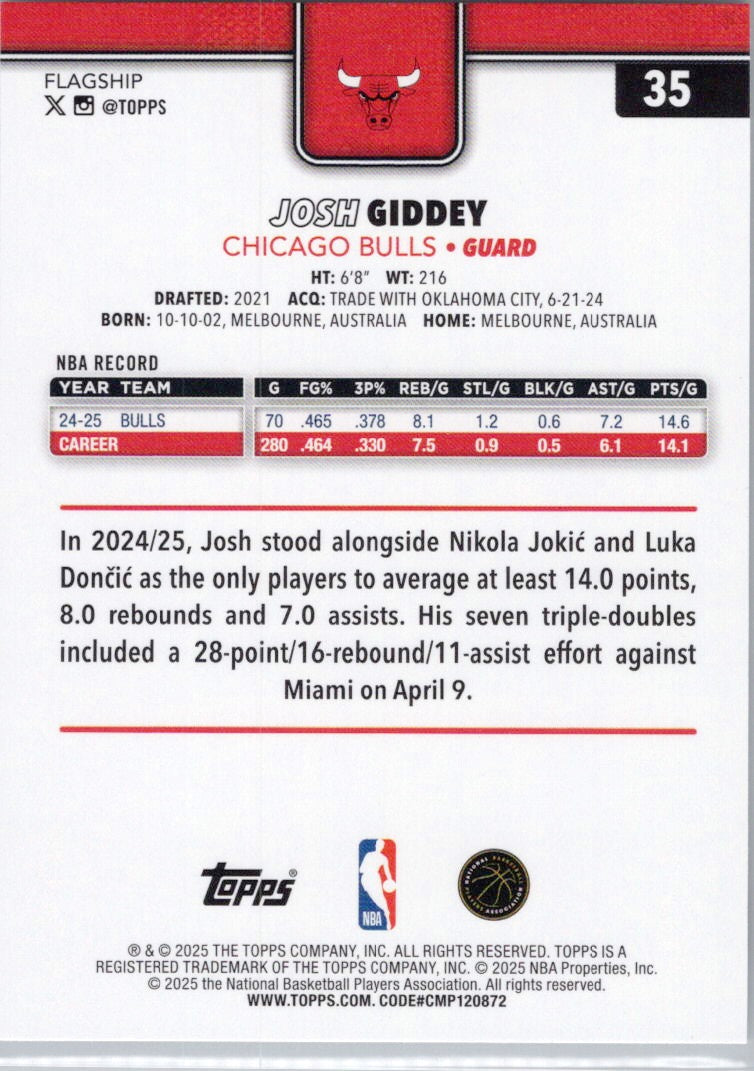 2025-26 Topps #35 Josh Giddey Chicago Bulls