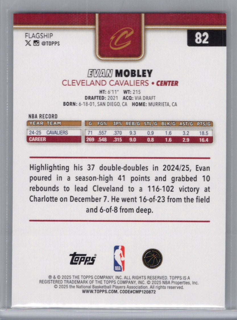 2025-26 Topps #82 Evan Mobley Holo Foil Cleveland Cavaliers
