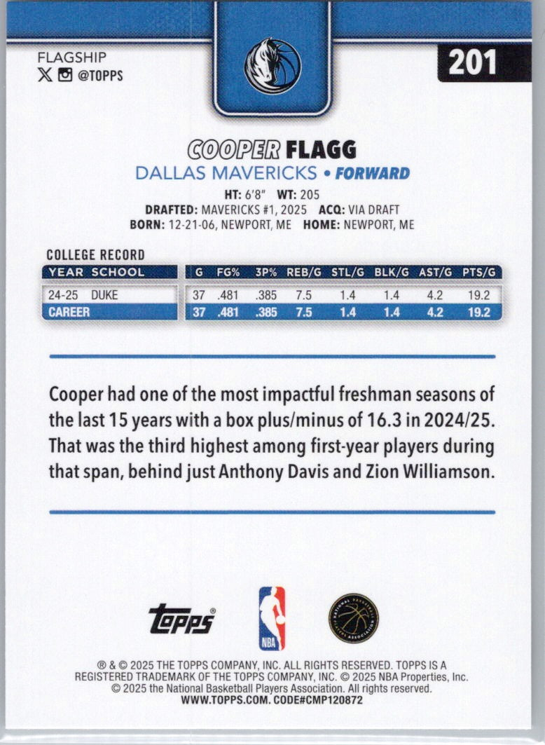 2025-26 Topps #201 Cooper Flagg Dallas Mavericks