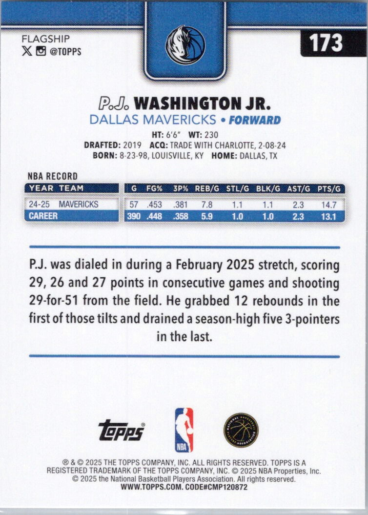2025-26 Topps #173 P.J. Washington Jr. Dallas Mavericks