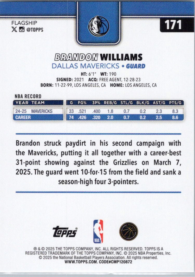 2025-26 Topps #171 Brandon Williams Dallas Mavericks