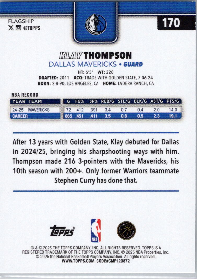 2025-26 Topps #170 Klay Thompson Dallas Mavericks