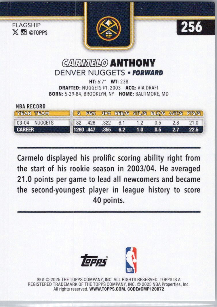 2025-26 Topps #256 Carmelo Anthony Denver Nuggets
