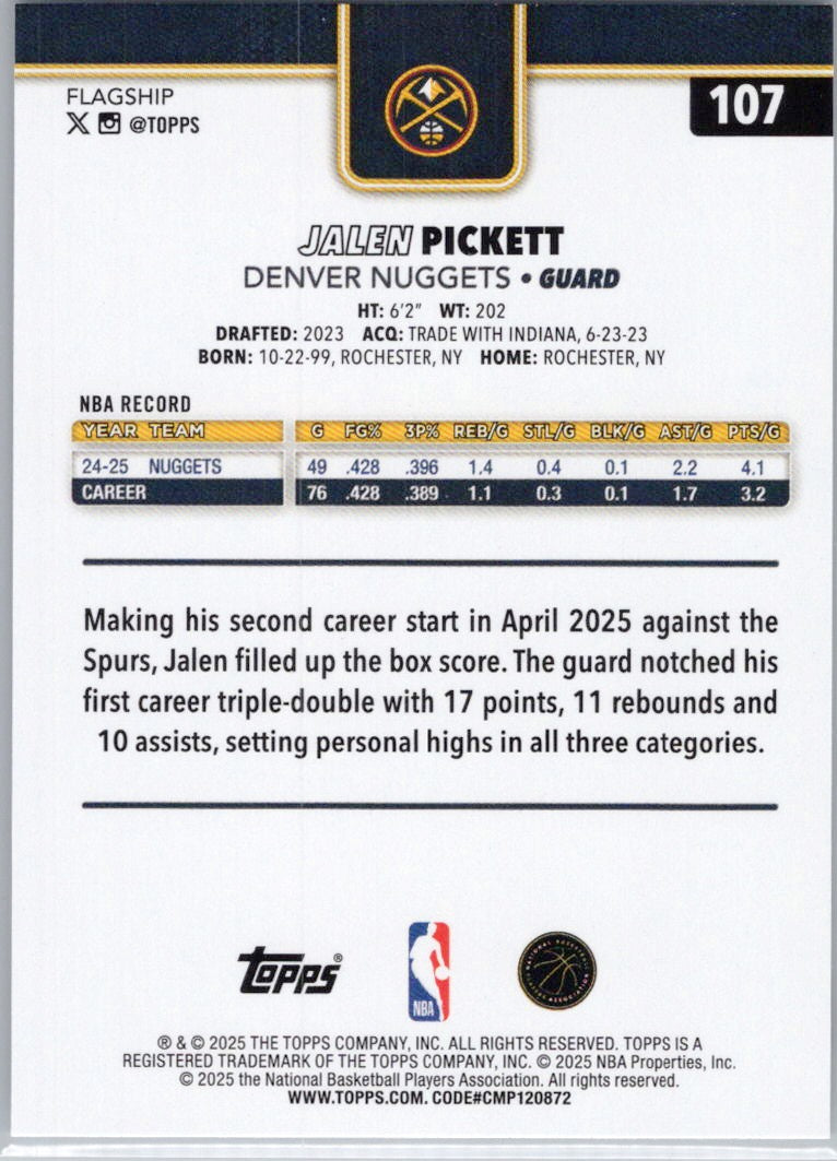 2025-26 Topps #107 Jalen Pickett Denver Nuggets