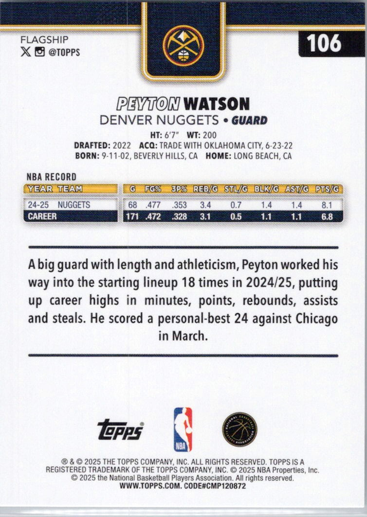 2025-26 Topps #106 Peyton Watson Denver Nuggets