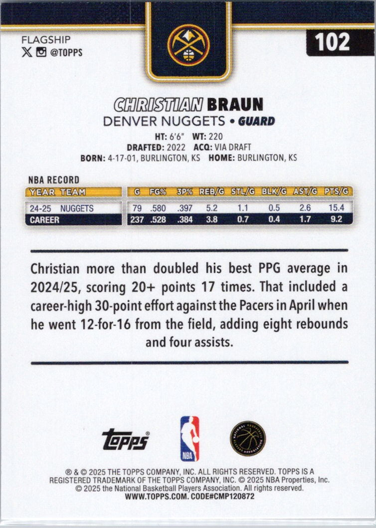 2025-26 Topps #102 Christian Braun Denver Nuggets