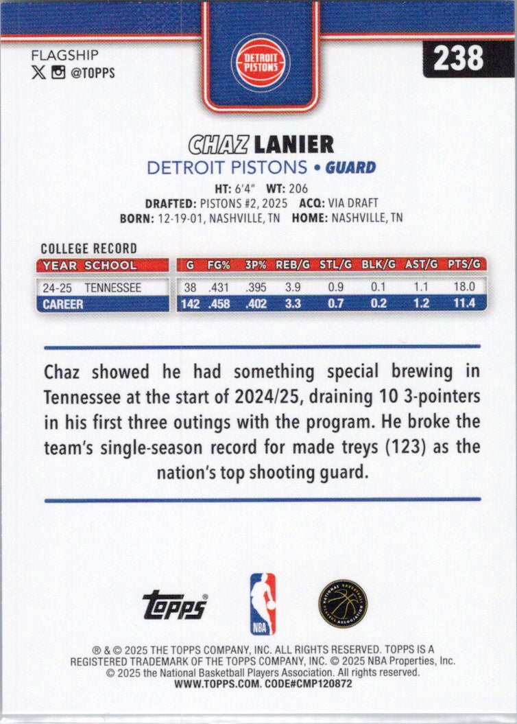 2025-26 Topps #238 Chaz Lanier Detroit Pistons