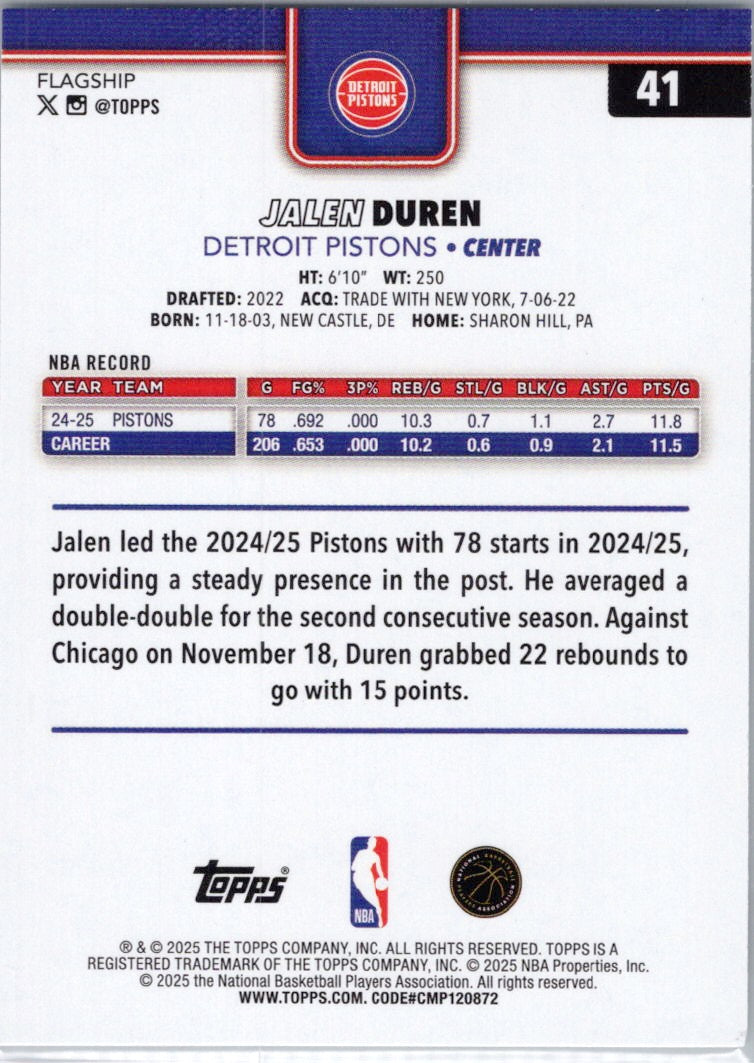2025-26 Topps #41 Jalen Duren Detroit Pistons