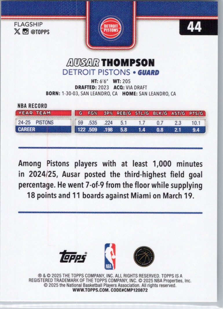 2025-26 Topps #44 Ausar Thompson Detroit Pistons
