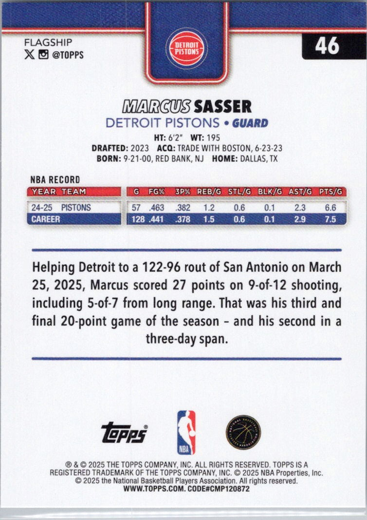 2025-26 Topps #46 Marcus Sasser Detroit Pistons