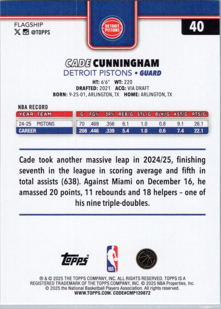 2025-26 Topps #40 Cade Cunningham Detroit Pistons