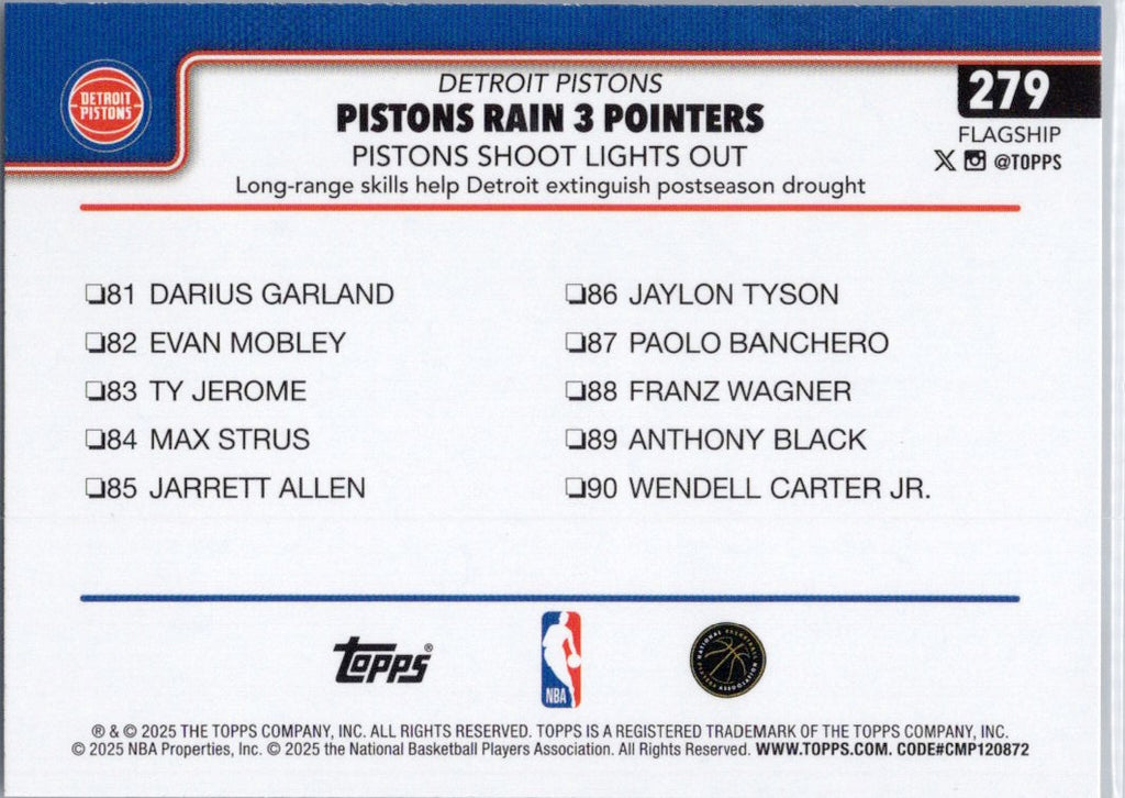2025-26 Topps #279 Pistons Rain 3 Pointers: Pistons Shoot Lights Out Detroit Pistons