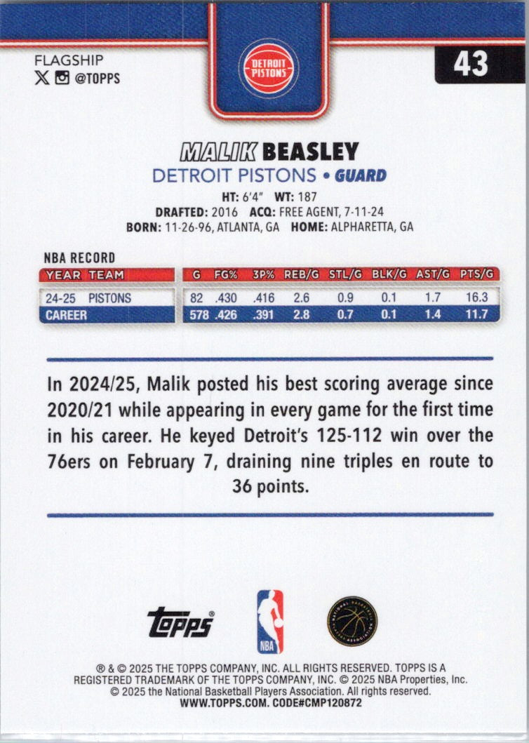 2025-26 Topps #43 Malik Beasley Detroit Pistons