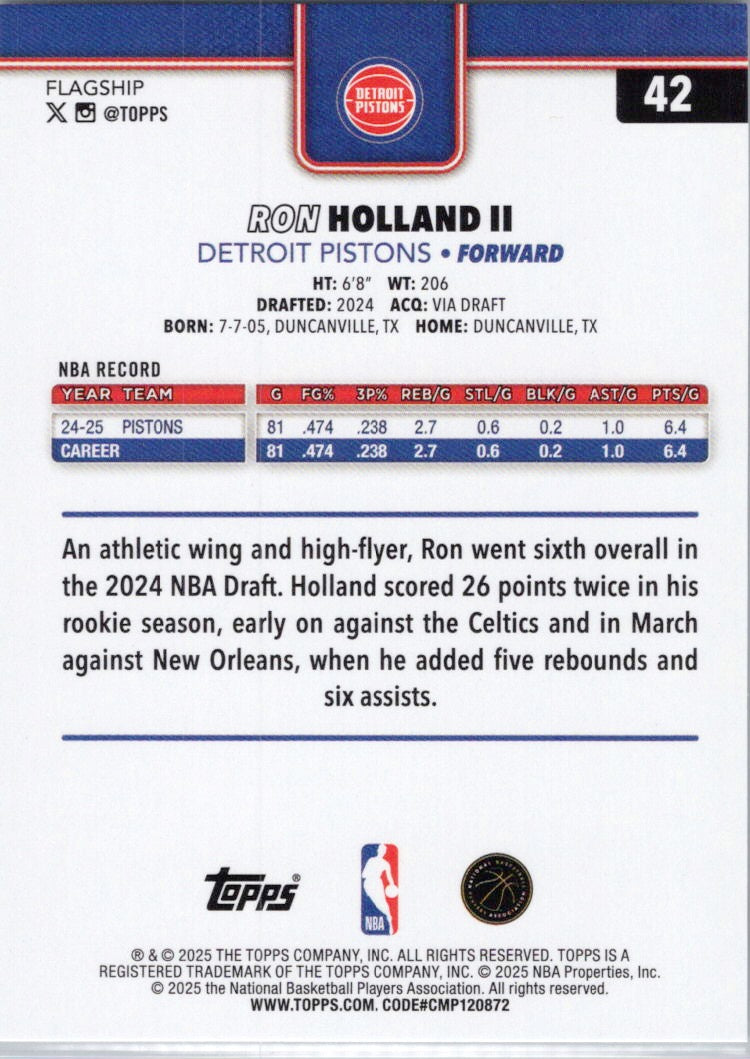 2025-26 Topps #42 Ron Holland II Detroit Pistons