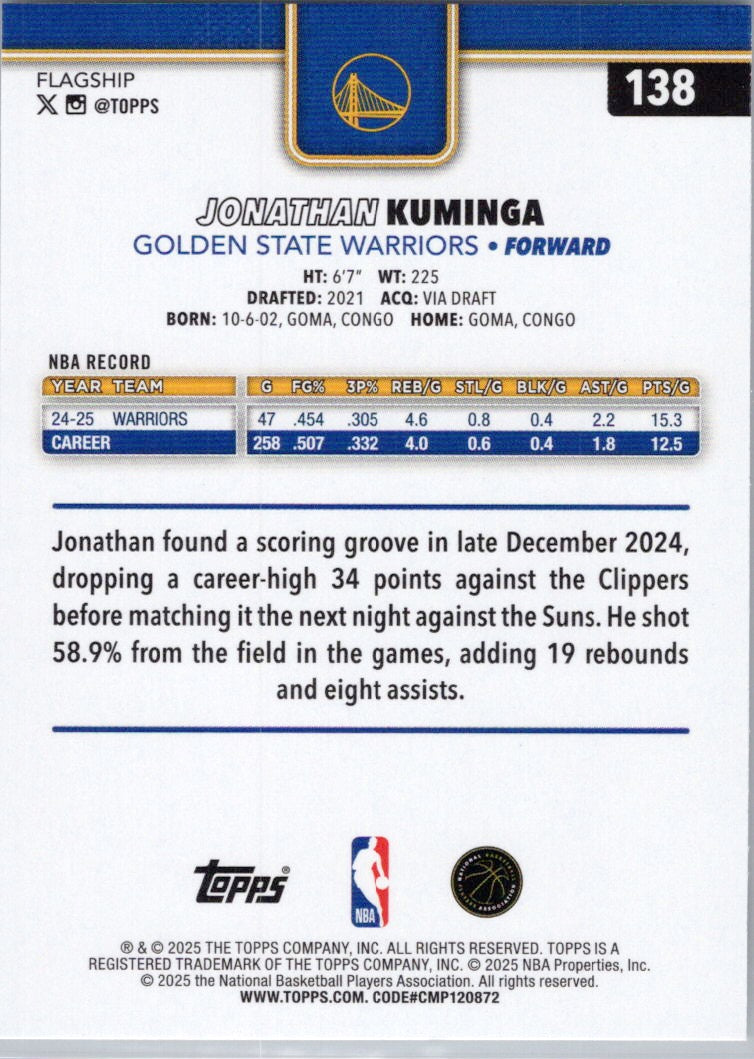 2025-26 Topps #138 Jonathan Kuminga Golden State Warriors