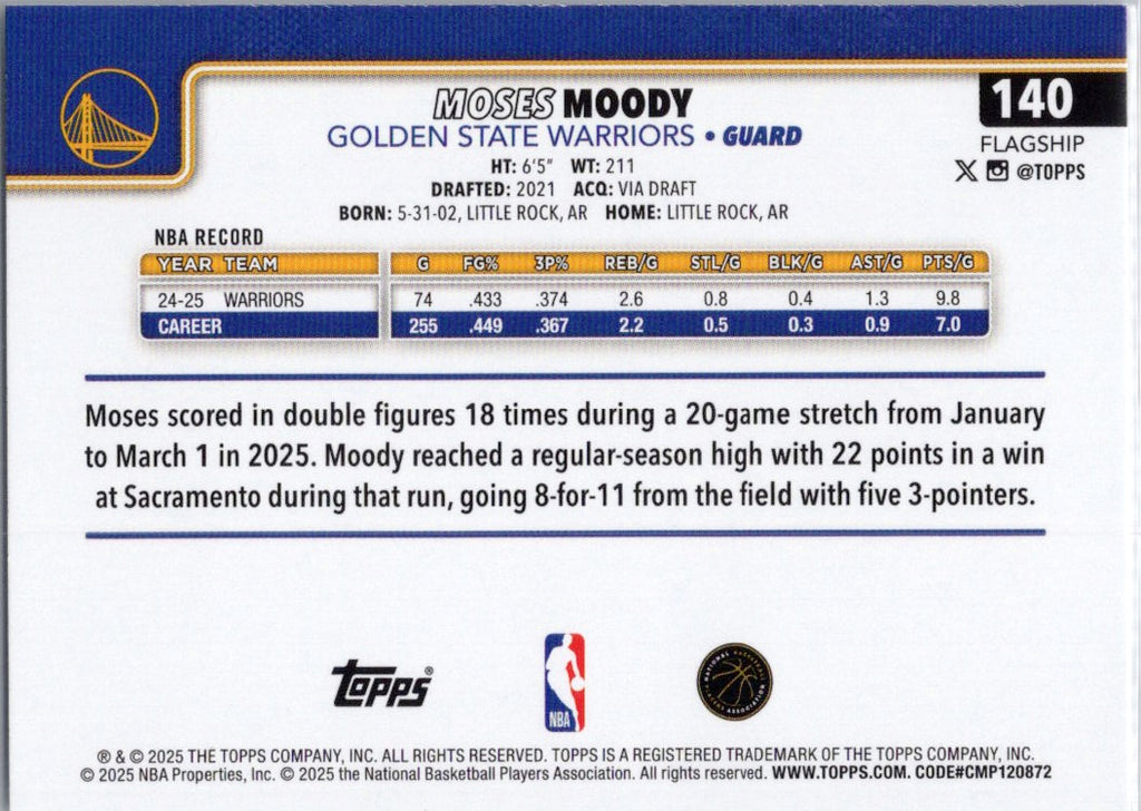 2025-26 Topps #140 Moses Moody Golden State Warriors