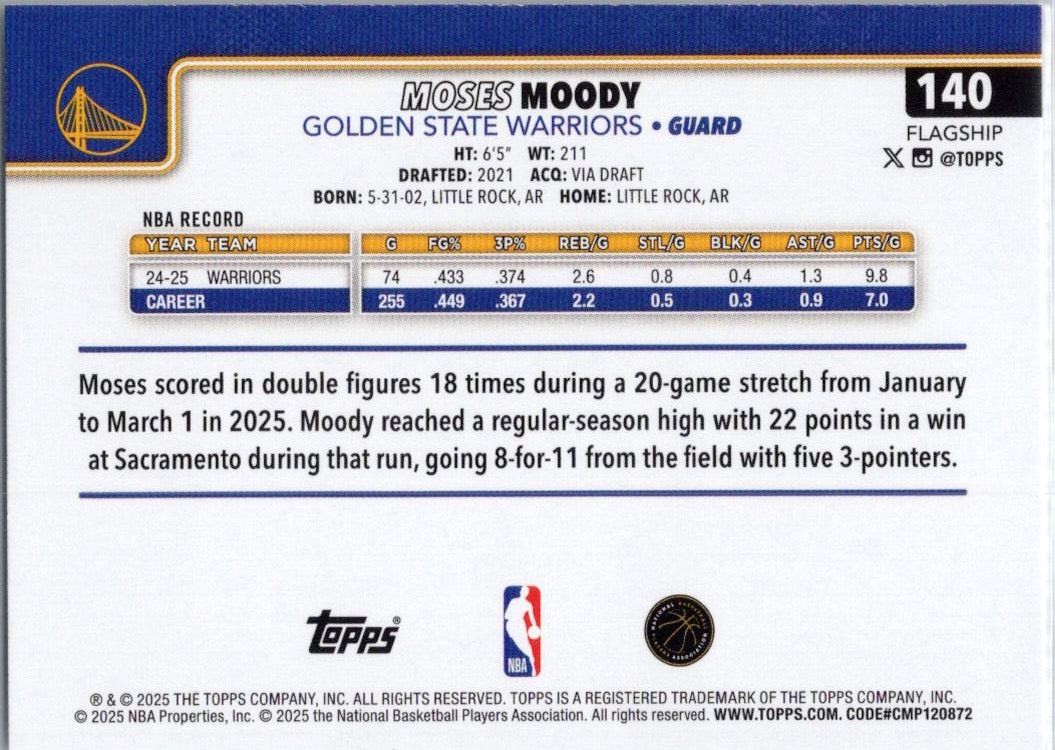 2025-26 Topps #140 Moses Moody Golden State Warriors