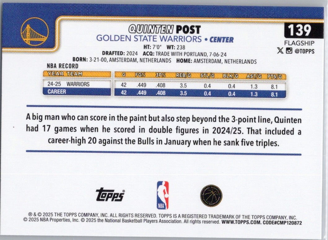 2025-26 Topps #139 Quinten Post Golden State Warriors