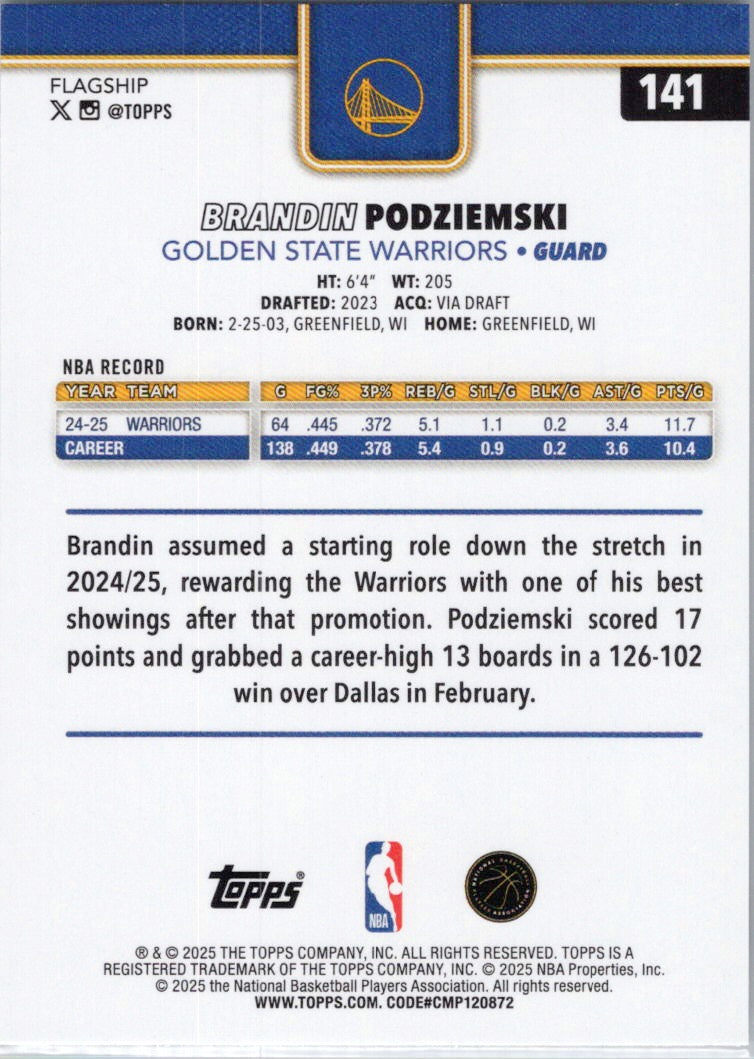 2025-26 Topps #141 Brandin Podziemski Golden State Warriors