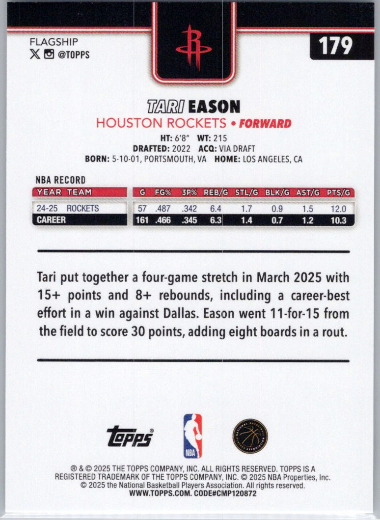 2025-26 Topps #179 Tari Eason Houston Rockets