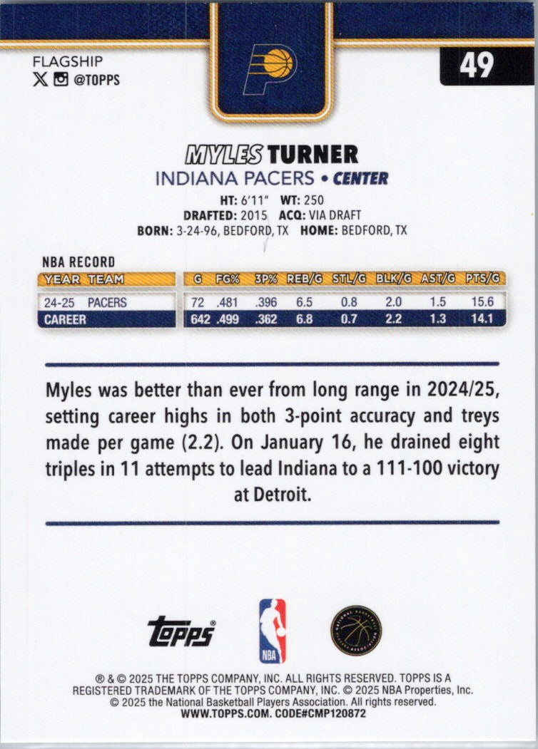 2025-26 Topps #49 Myles Turner Indiana Pacers