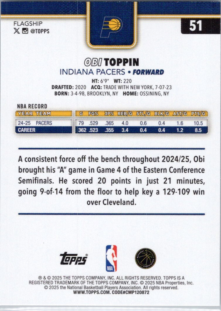 2025-26 Topps #51 Obi Toppin Indiana Pacers