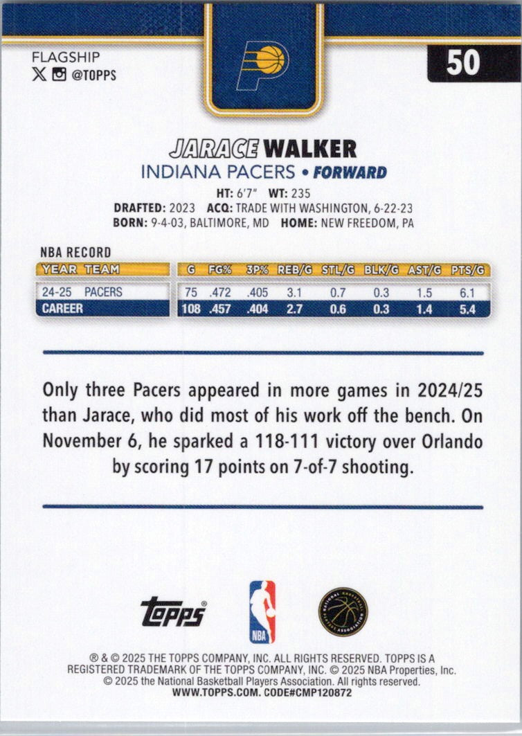 2025-26 Topps #50 Jarace Walker Indiana Pacers