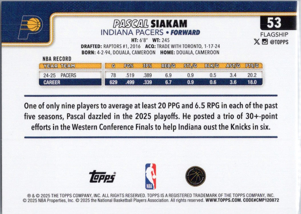 2025-26 Topps #53 Pascal Siakam Indiana Pacers