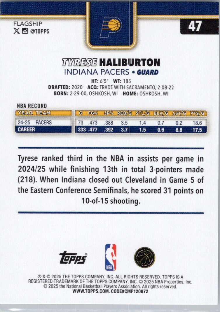 2025-26 Topps #47 Tyrese Haliburton Indiana Pacers