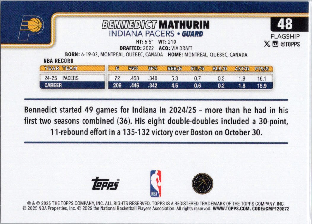 2025-26 Topps #48 Bennedict Mathurin Indiana Pacers