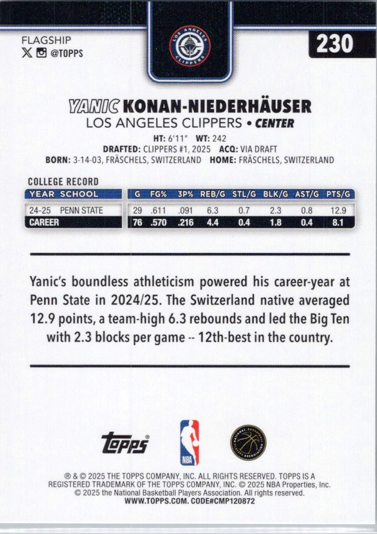 2025-26 Topps #230 Yanic Konan-Niederhäuser Los Angeles Clippers