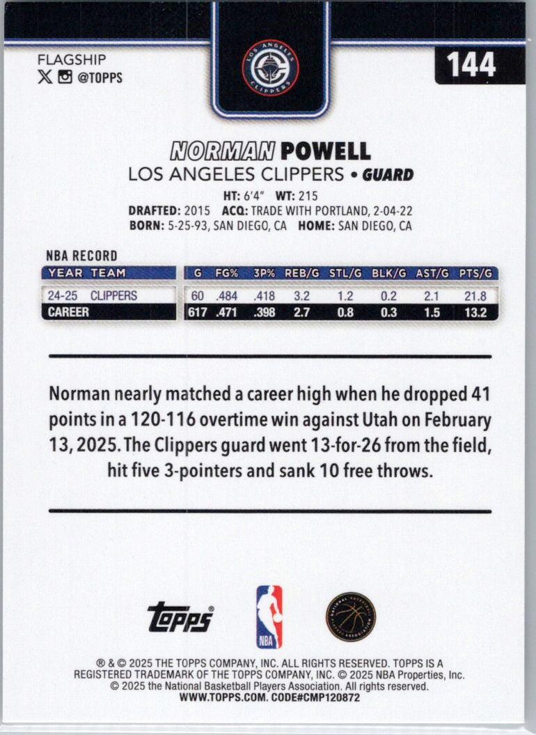 2025-26 Topps #144 Norman Powell Los Angeles Clippers