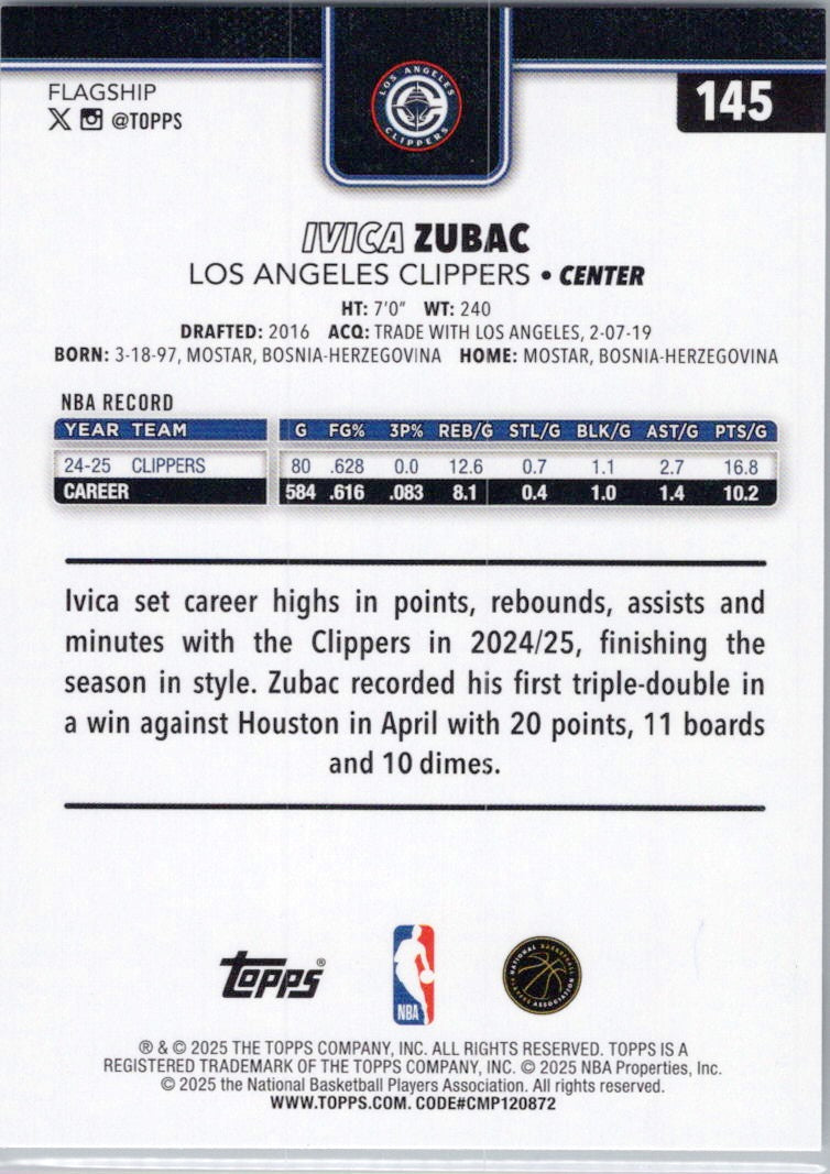 2025-26 Topps #145 Ivica Zubac Los Angeles Clippers