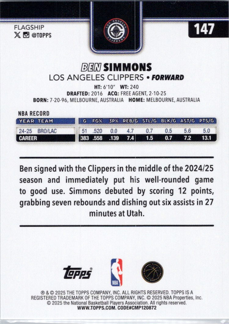 2025-26 Topps #147 Ben Simmons Los Angeles Clippers